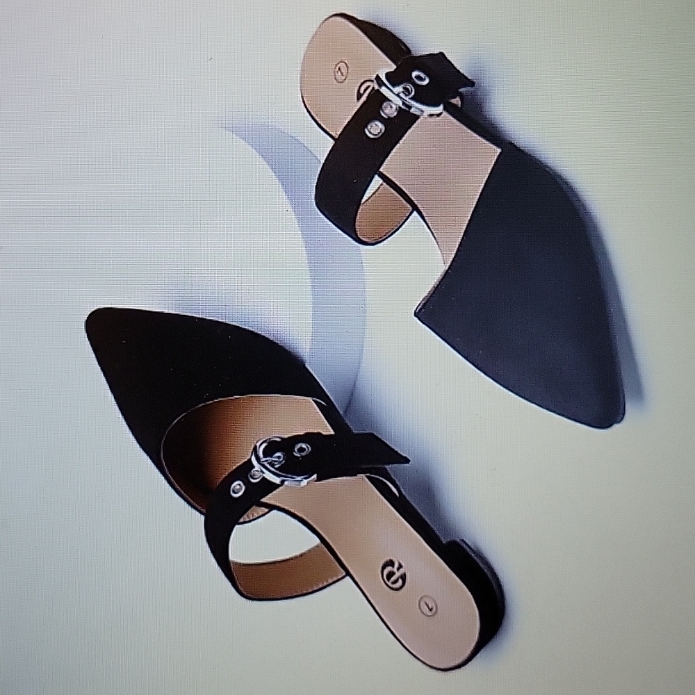 REKEYLA black mules adjustable strap pointed toe backless loafer flats sz 9 NEW…
